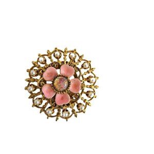 Unique Vintage Floral and Faux Pearl Enamel Flower Brooch Scarf Clip
